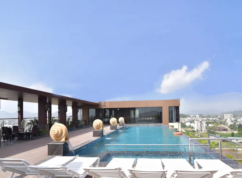 Swimming pool at Howard Johnson by Wyndham Udaipur with clear water and surrounding deck area