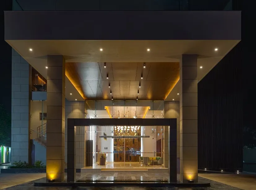 Hotel entrance of Park Inn by Radisson Ayodhya showing exterior façade and driveway access