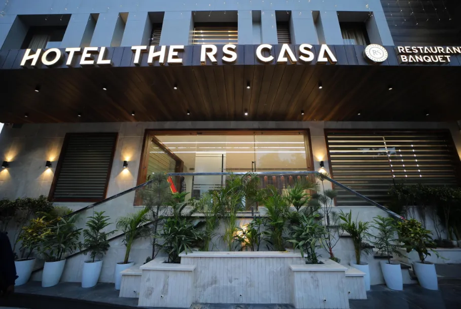 Front entrance of The RS Casa Hotel Agra with exterior façade and main access point