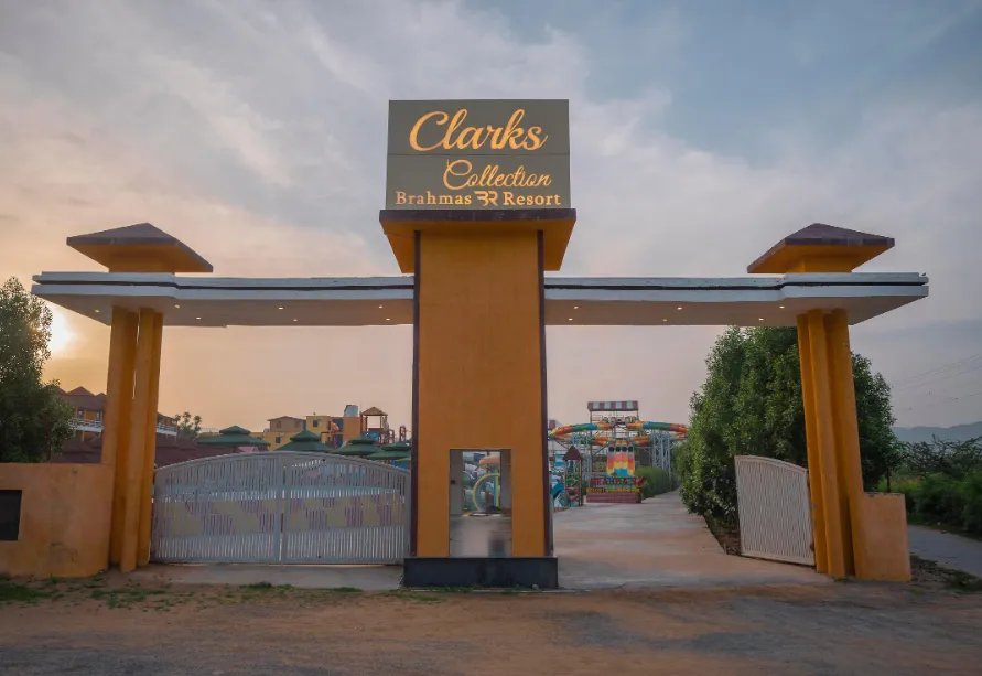 Entrance of Clarks Collection Brahmas Resort Pushkar with façade and pathway