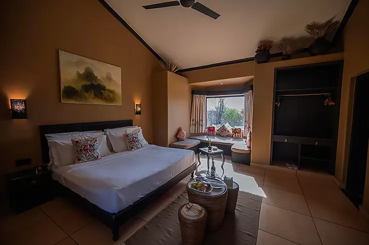 Superior Cottage with Hill View and King Bed at Clarks Safari Pushkar with scenic vista through window