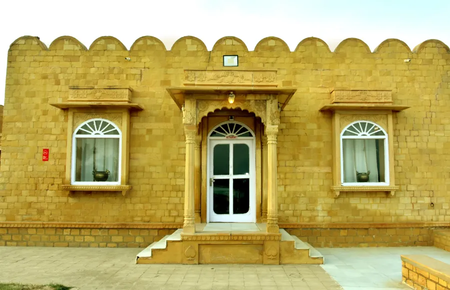 Hotel entrance of Himmatgarh Palace Jaisalmer displaying façade and entrance pathway