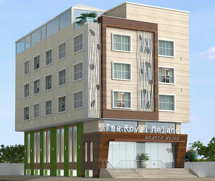 Entrance of The Royal Melange Beacon Ajmer showing façade and signage